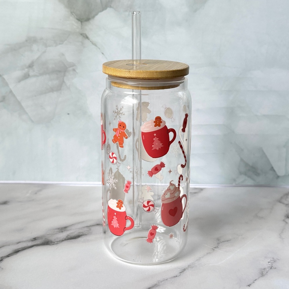 Festive Glass Tumbler with Straw and Bamboo Lid